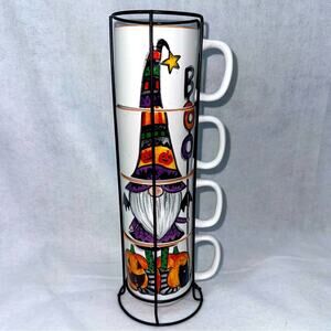 EUC Cobwebs & Cauldrons 4pc Halloween Mug Set with Holder Gnome Troll BOO